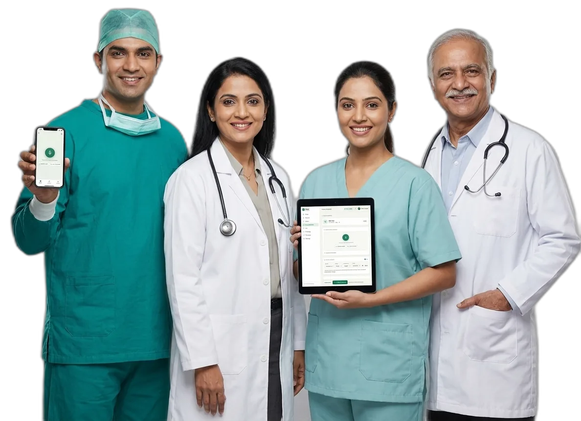 Doctors across specialties — surgery, cardiology, dentistry, general medicine — using Swar on phone and tablet